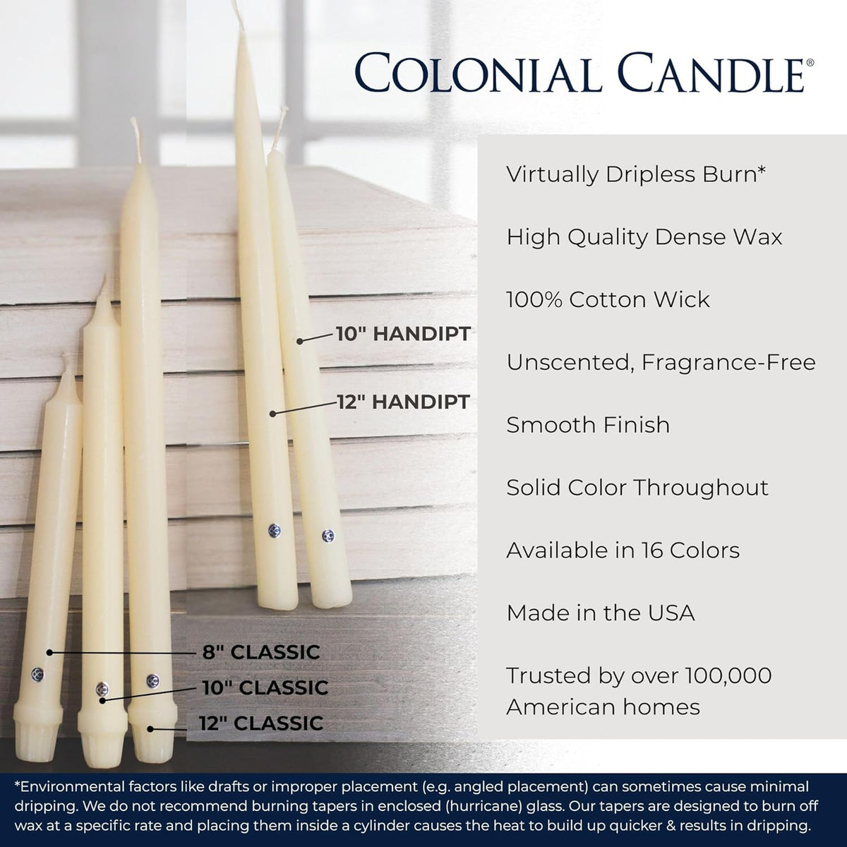 Colonial Candle Unscented Taper Candle, Classic Collection, Ivory, 10 In, Pack of 12 - Up to 8 Hours Burn