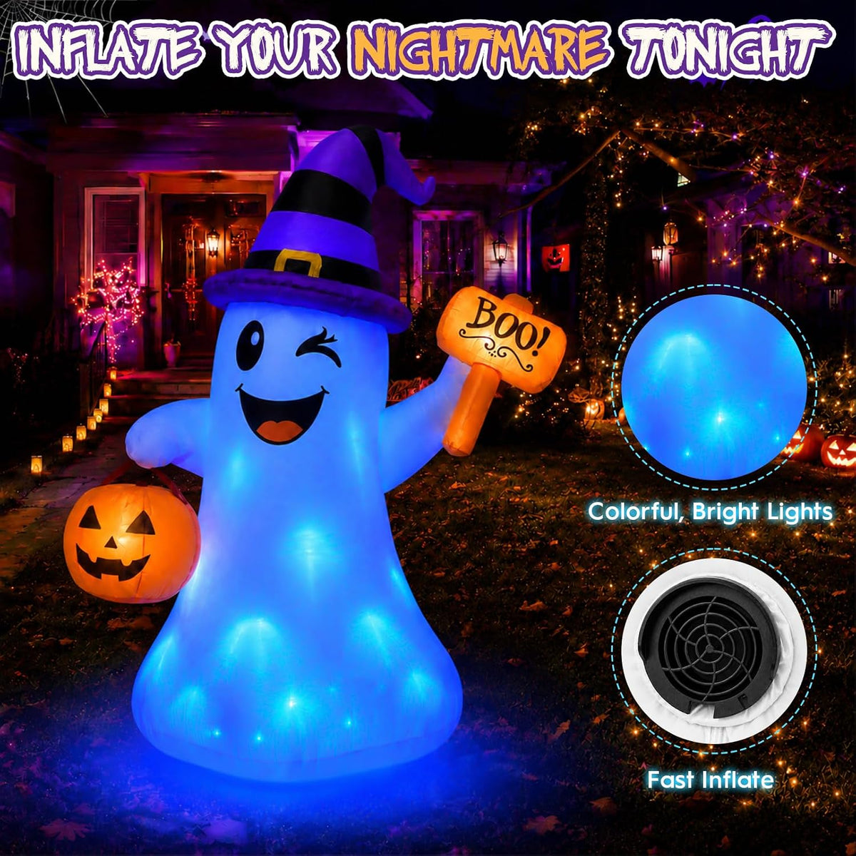4.5 ft halloween inflatables ghost with pumpkin boo, close-up detail