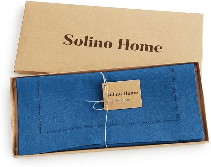 Solino Home Linen Indigo Blue Table Runner 144 Inches Long - 100% Pure Linen Extra Long Table Runner 14 x 144 Inch for Fall, Autumn - Classic Hemstitch