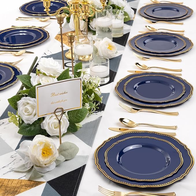Hioasis 60pcs Blue Plastic Plates - Blue and Gold Disposable Dinnerware with Gold Rim, Heavy-duty, 7.5 inch, Dessert Plates for Party & Wedding
