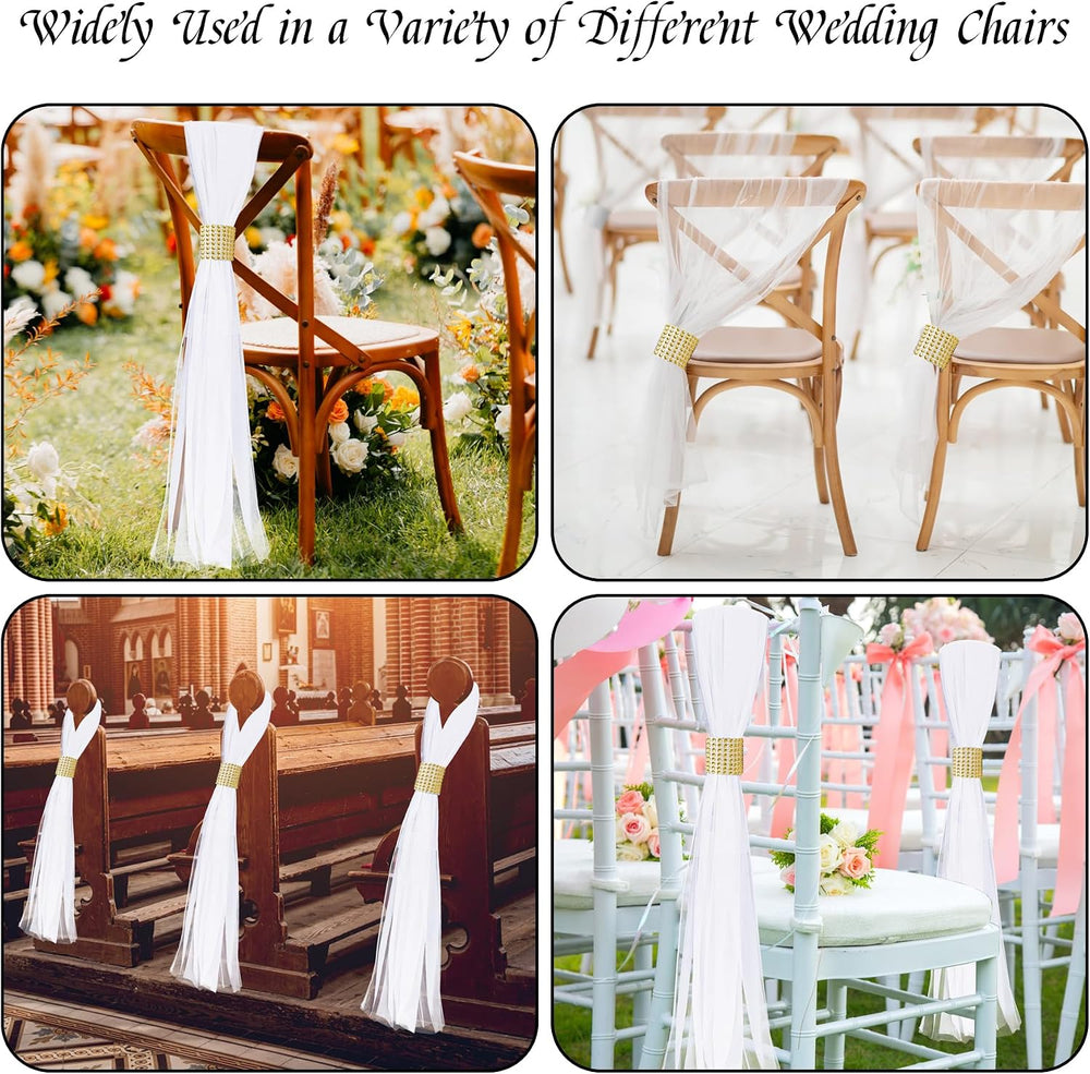 Large White Pew Bows Tulle Wedding Aisle Chair Decorations with Gold Wrap
