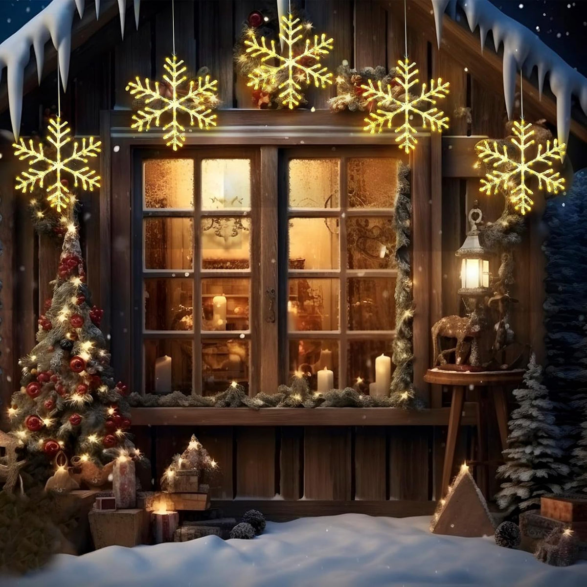 christmas window snowflake hanging lights, warm white, 13 showing dimensions