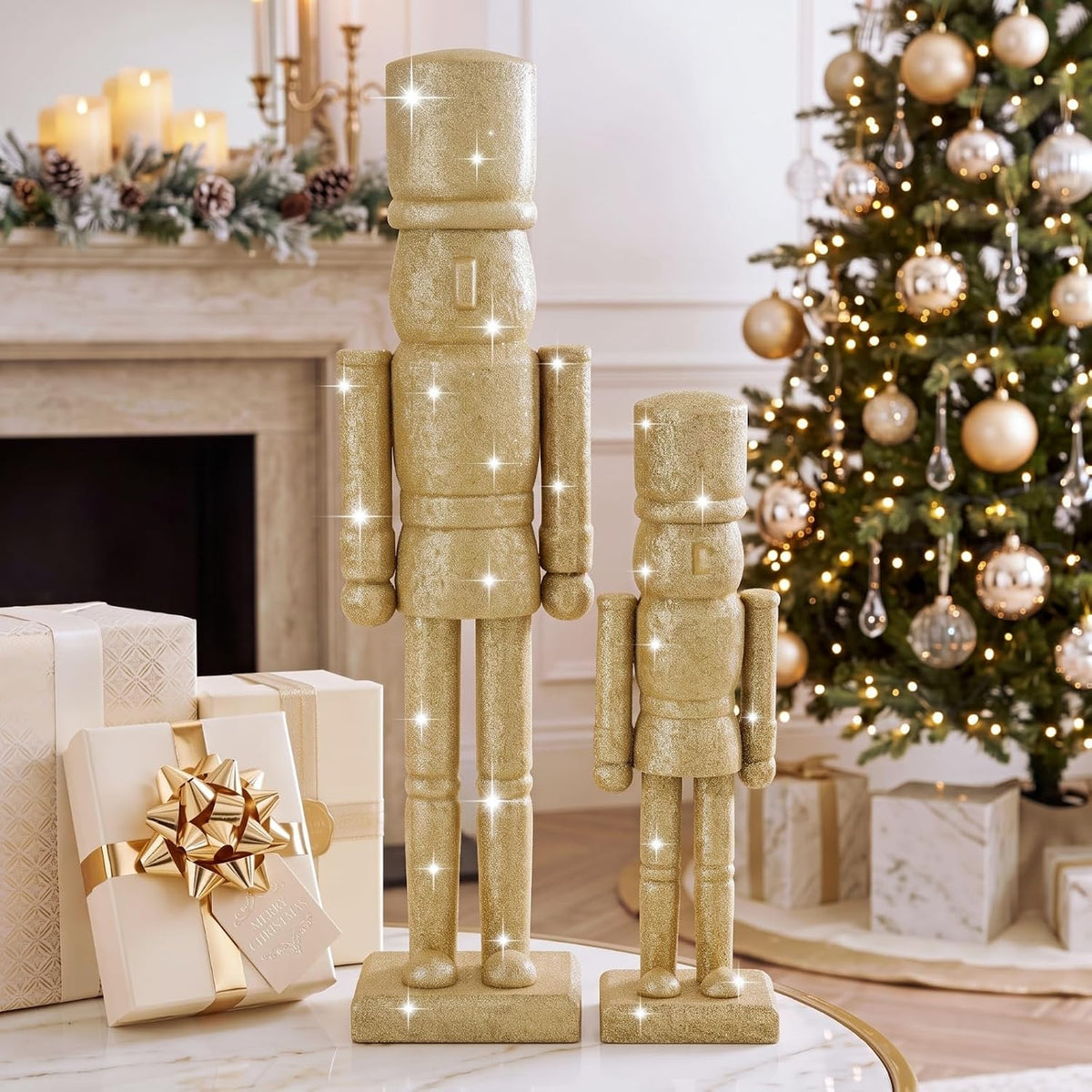 2 Pcs Gold Christmas Nutcracker Glitter Soldier Figurines, 15inch&10inch