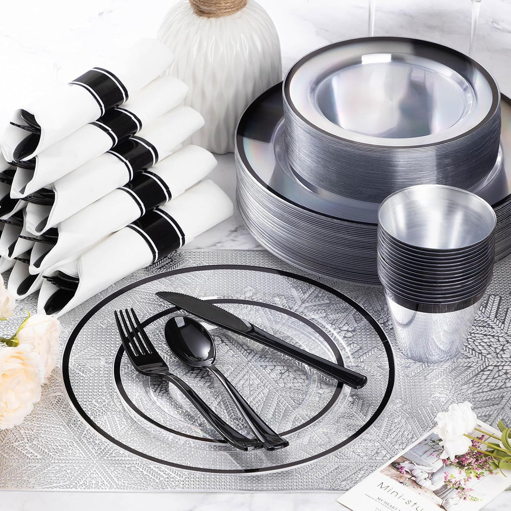 350 Pcs Clear Plastic Plates with Black Rim, Plastic Dinnerware