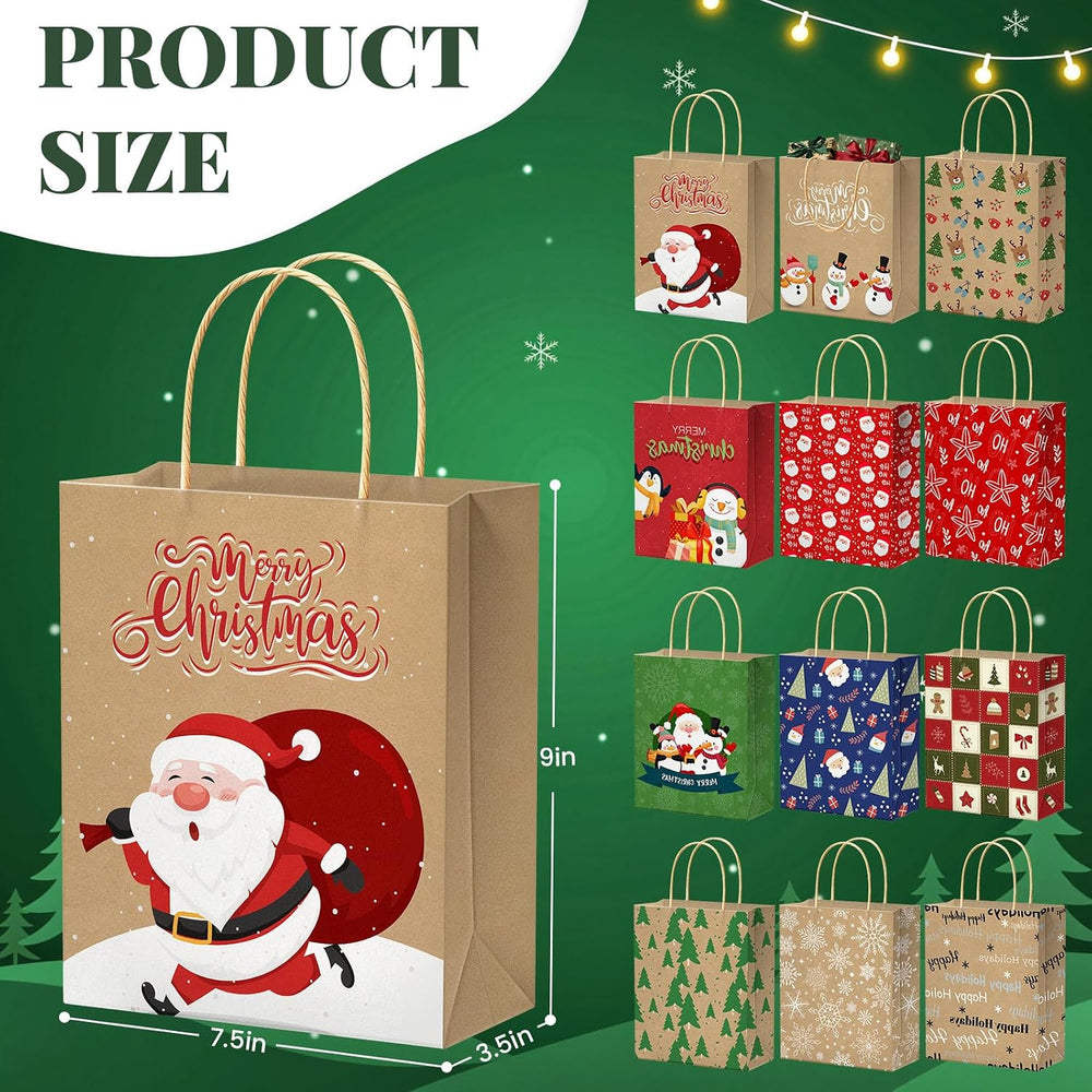 DeckTheHalls 36 Pack Christmas Kraft Gift Bags with Handles, 7.5 x3.5 x9 in