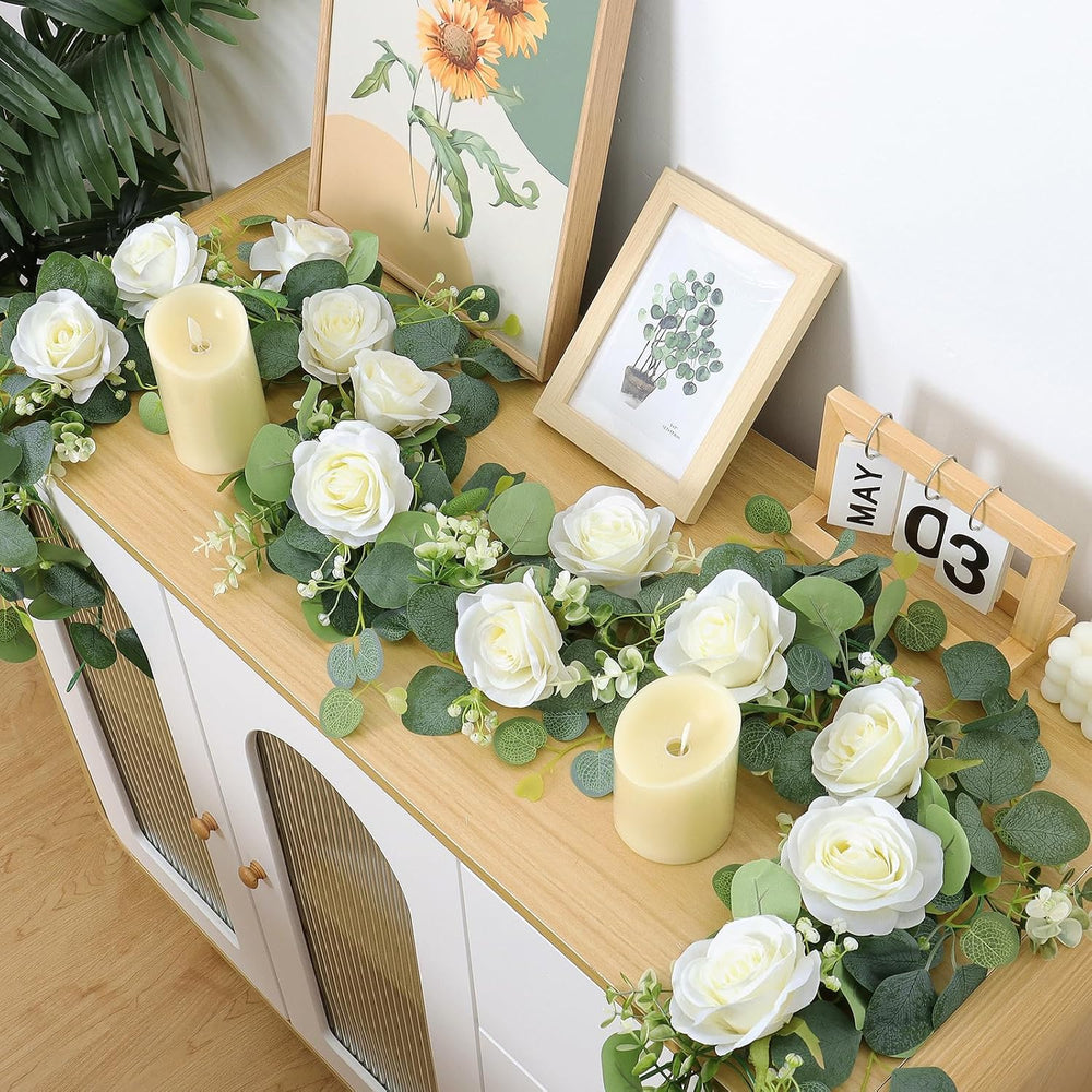 TOCHGREEN 4PCS Artificial Eucalyptus Flower Garland with White Rose Flowers