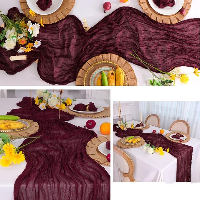 Snowkingdom 6PCS 10 Ft Burgundy Red Cheesecloth Table Runner, 120inch Long Cheese Cloth Boho Gauze Runner for Wedding Bridal Baby Shower Birthday Valentines Sheer Table Decorations