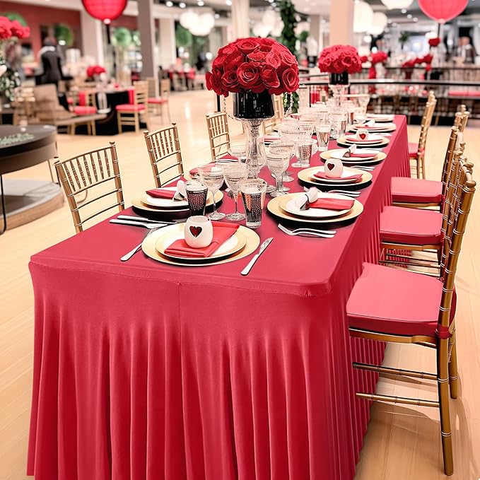 Wish Care 6 Pack Red Spandex Table Clothes for 8 Foot Rectangle Tables, 8FT Wrinkle Free Fitted Tablecloths Ruffles Design Table Cover for Party, Banquet, Wedding and Events
