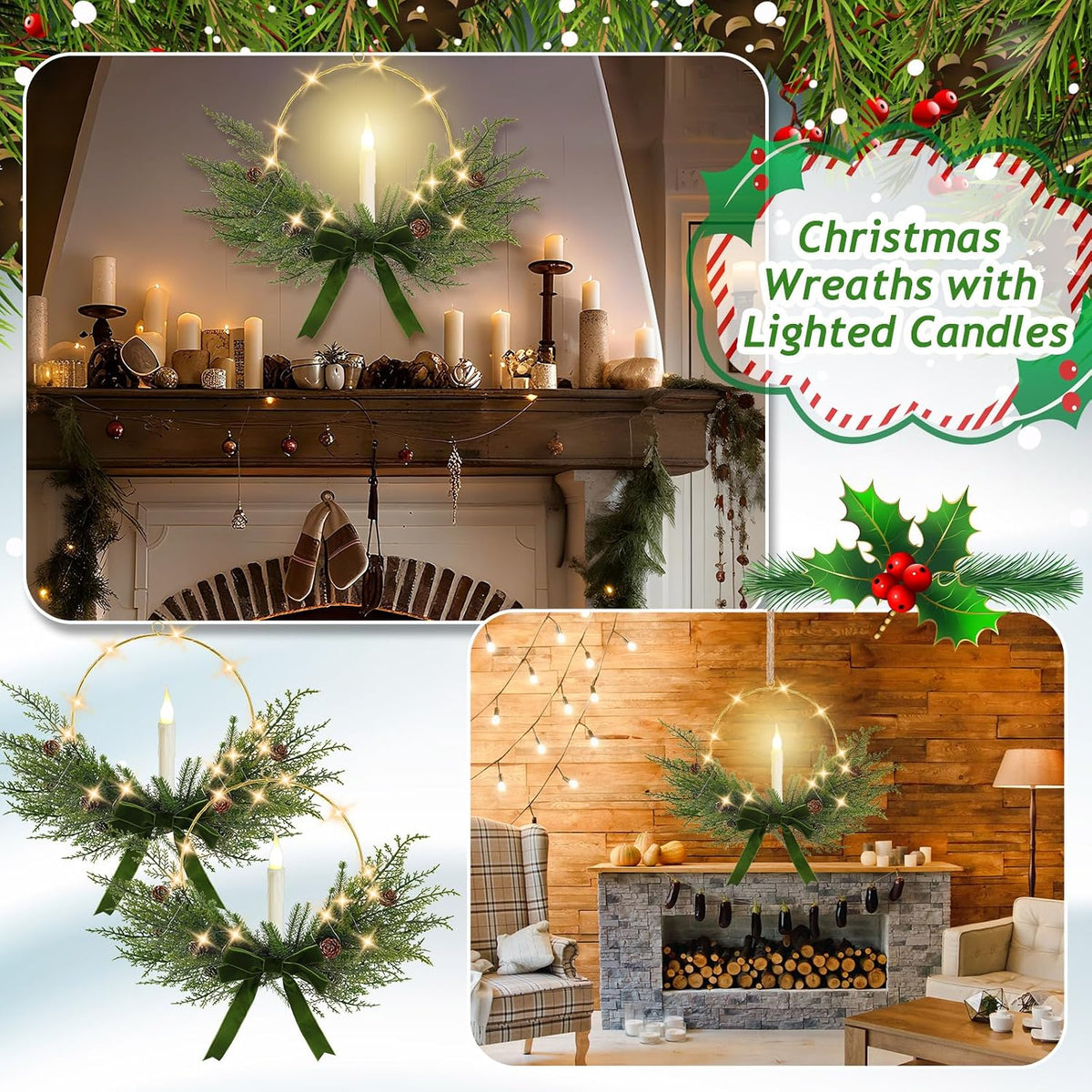 Aurelema 4 Set Christmas Wreath with LED Candles 13'', Bow, Green