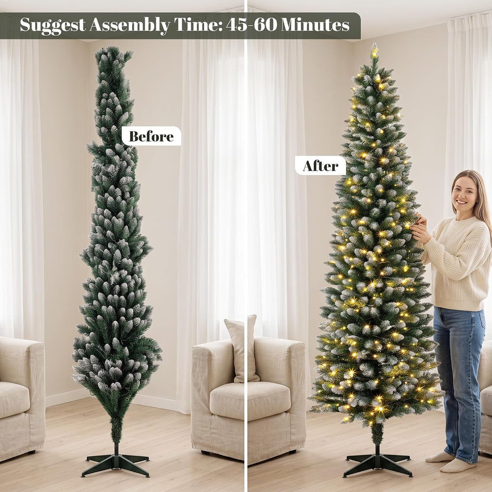 HOMCOM 8ft Pencil Prelit Christmas Tree, Dual Color, Flocked, Green White