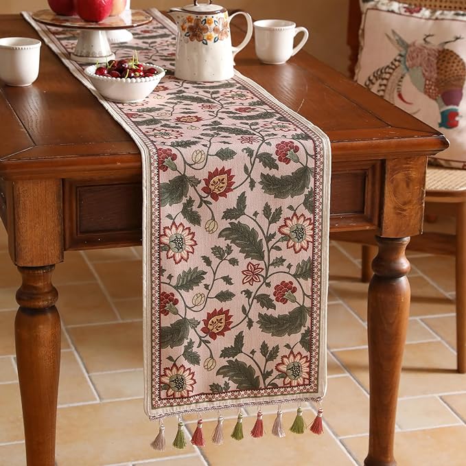 ISAENNE Designer Provence Elegant Linen Extra Long Table Runner 118 Inches,Flower and Leaves Pattern Durable Table Runners for Dining Tables,Thanksgiving,Kitchen Tables,Christmas,12"*118"-Ratina