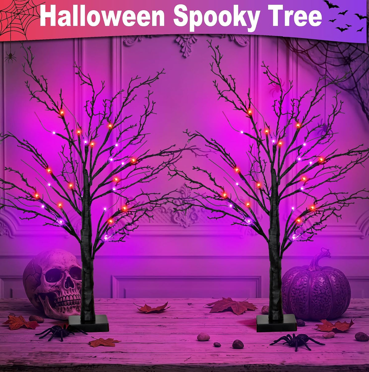 [Timer] 2 Pack Halloween Decorations Indoor, 24 Inch Lighted Black Halloween Tree with 24 Orange & Purple Lights, USB or Battery Powered Spooky Tabletop Tree for Home, Party, Fireplace & Holiday Decor