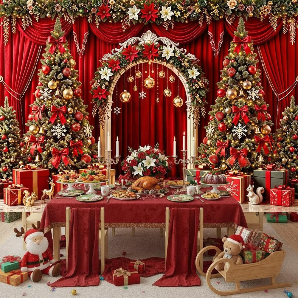 Christmas Backdrop Red Curtain Arch Xmas Tree Photo Background