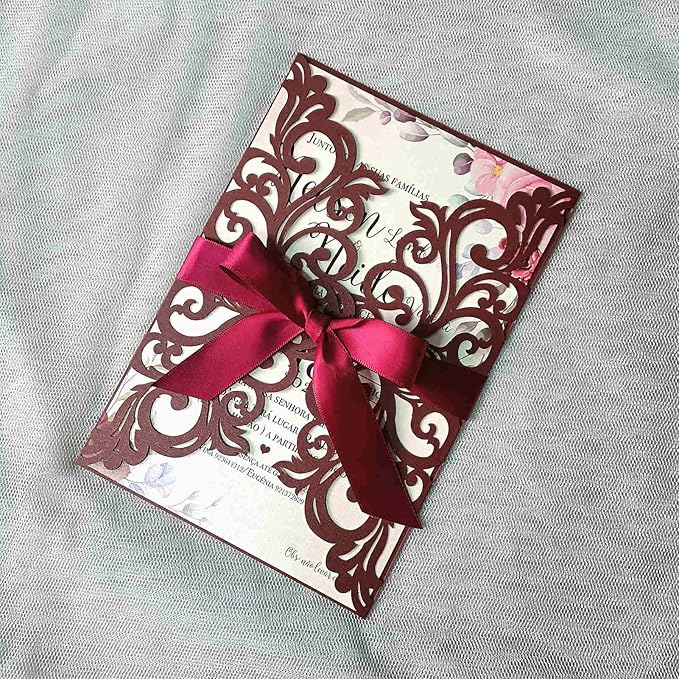 25PCS Laser Cut Burgundy Wedding Invitations Cards with Envelopes,Blank Inner Sheets,Ribbons for Wedding Bridal Shower Quinceañera Engagement Birthday Invites, (B001)