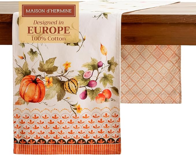 Maison d' Hermine Table Runner 100% Cotton Double Layer Table Runners 108 inches Long for Thanksgiving Christmas Decorations Home Kitchen Dining Wedding (Pumpkin Garden - Cloudy Cream, 14.5" x 108")