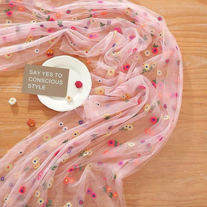 Pink Embroidery Daisy Fall Table Runner 120Inch 10FT Florals Soft Sheer Tulle Fabric Table Runner for Home Decor, Brithday, Wedding, Baby Shower ,Holiday ,Parties, DIY Craft,3PC