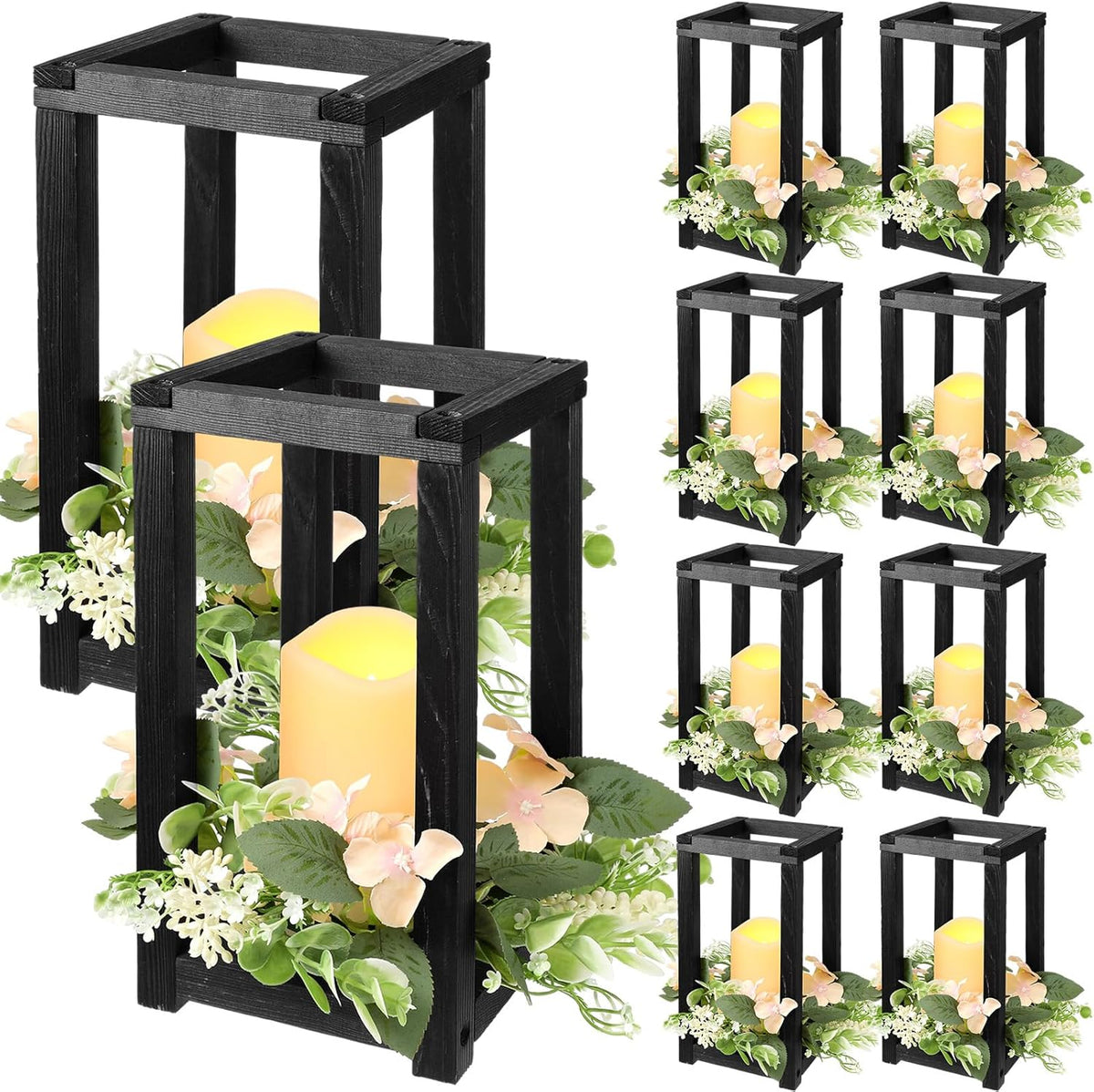 Hushee 30 Pcs Wooden Wedding Lantern Centerpiece Candles Wreaths Set,Black
