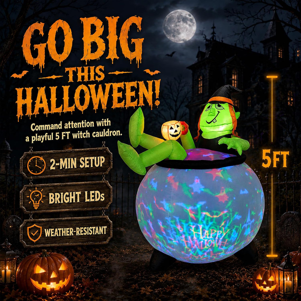 5 ft halloween inflatables outdoor decoration, led outdoor, side view