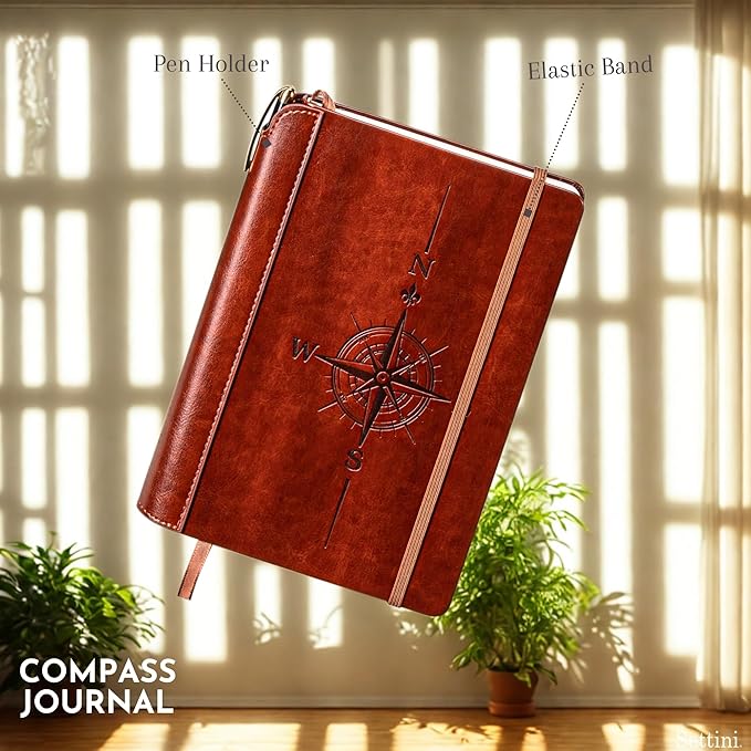 SETTINI® Lined Journal - Compass Journal for Writing Gift Set - Hardcover Vegan Leather, Includes Luxury Pen in a Unique Pen Holder, 192 Pages, 6 x 8.5 inches, Birthday Gift