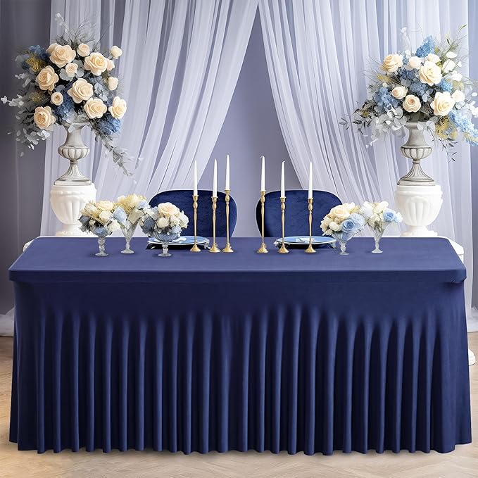 Wish Care 2 Pack Navy Blue Stretch Spandex Table Clothes for 6 Foot Rectangle Tables, 6FT Wrinkle Free Fitted Tablecloths Ruffles Design Table Cover for Party, Banquet, Wedding and Events