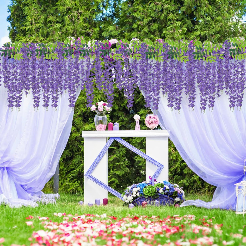 48 Pack Artificial Wisteria Hanging Flowers Fake Wisteria Flower Garland Silk Vines Rattan Decor for Home Wedding Arch Wall Garden Greenery Bedroom Outdoor Office Party Decoration (Purple)