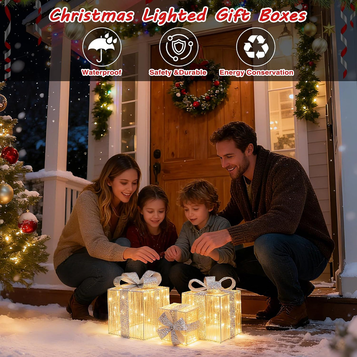 set of 3 christmas lighted gift boxes, package contents