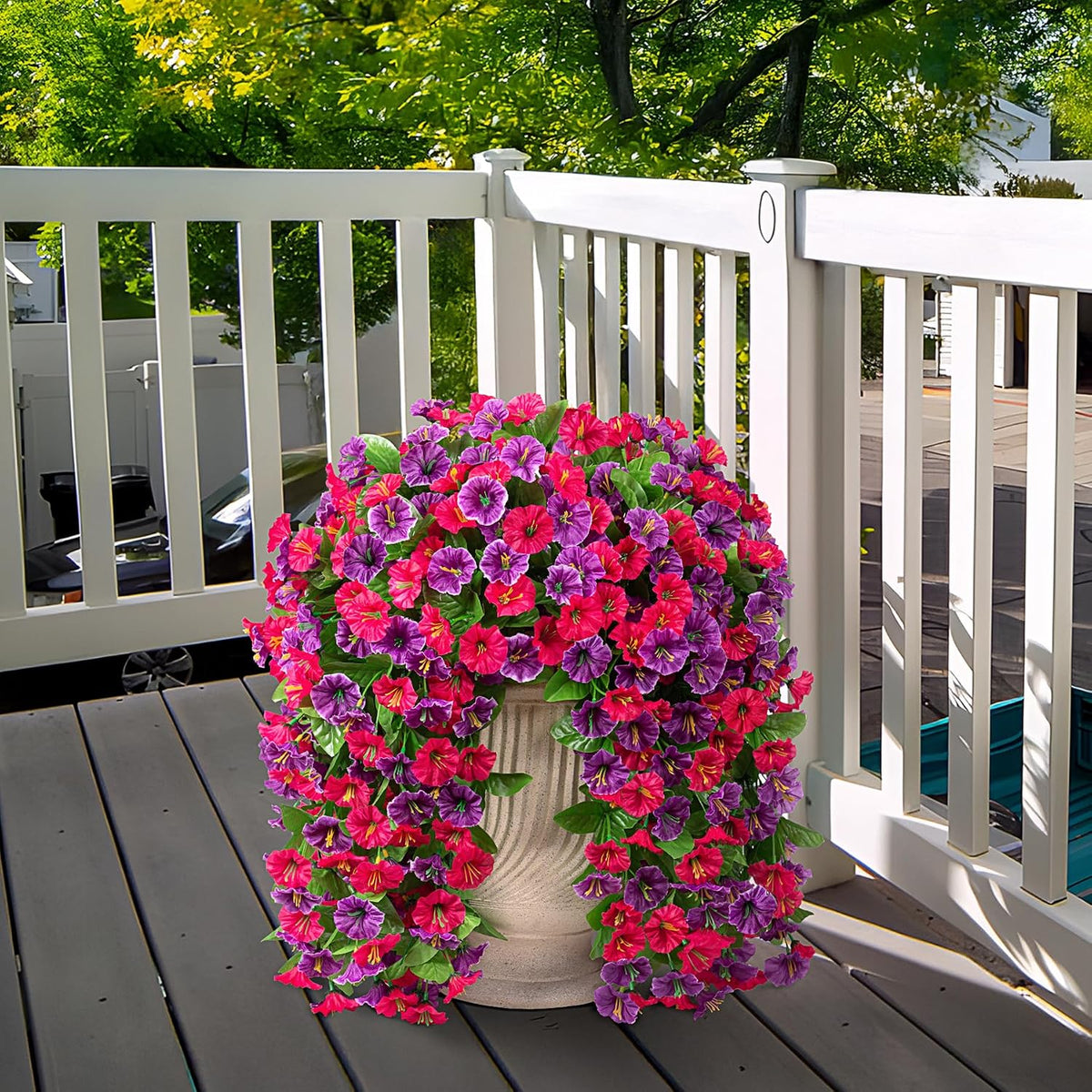 Artificial Flowers with Hanging Basket, Outdoor Faux Plants UV Resistant