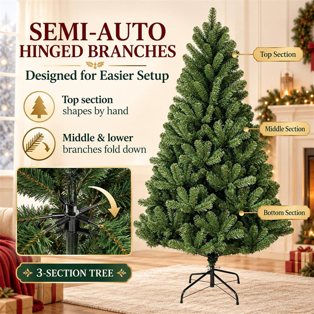 6FT Unlit Green Artificial Christmas Tree with 634 Branch Tips, Hinged Semi-A...