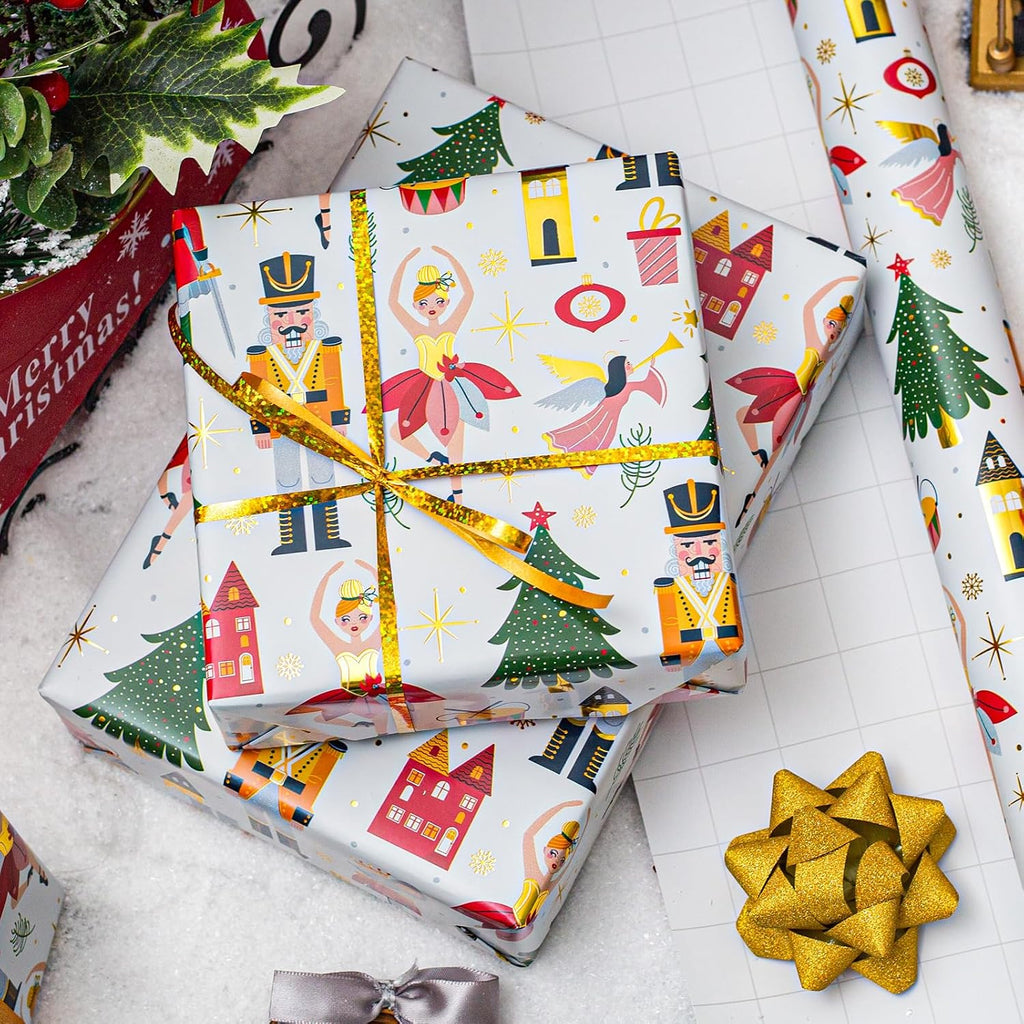 burymento christmas wrapping paper, white nutcracker gold foil shown in use