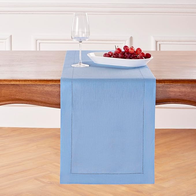 Solino Home Linen Cornflower Blue Table Runner 144 Inches Long - 100% Pure Linen Hemstitch 14 x 144 Inch Table Runner for Dining - Classic Hemstitch