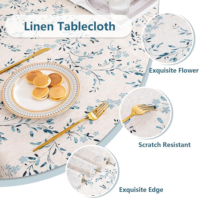 MYSKY HOME Rectangle Table Cloth 60x84 Inch - Spring Summer Floral Tablecloth, Waterproof Linen Fabric Oblong Table Cloth for Kitchen Dining Tablecloth for 4 Feet Table Blue, Small Blue Flower Design
