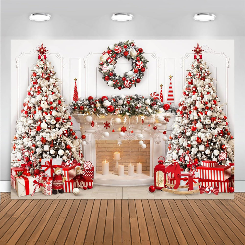 Mocsicka Christmas Fireplace Backdrop, White Red Tree, 10x7ft