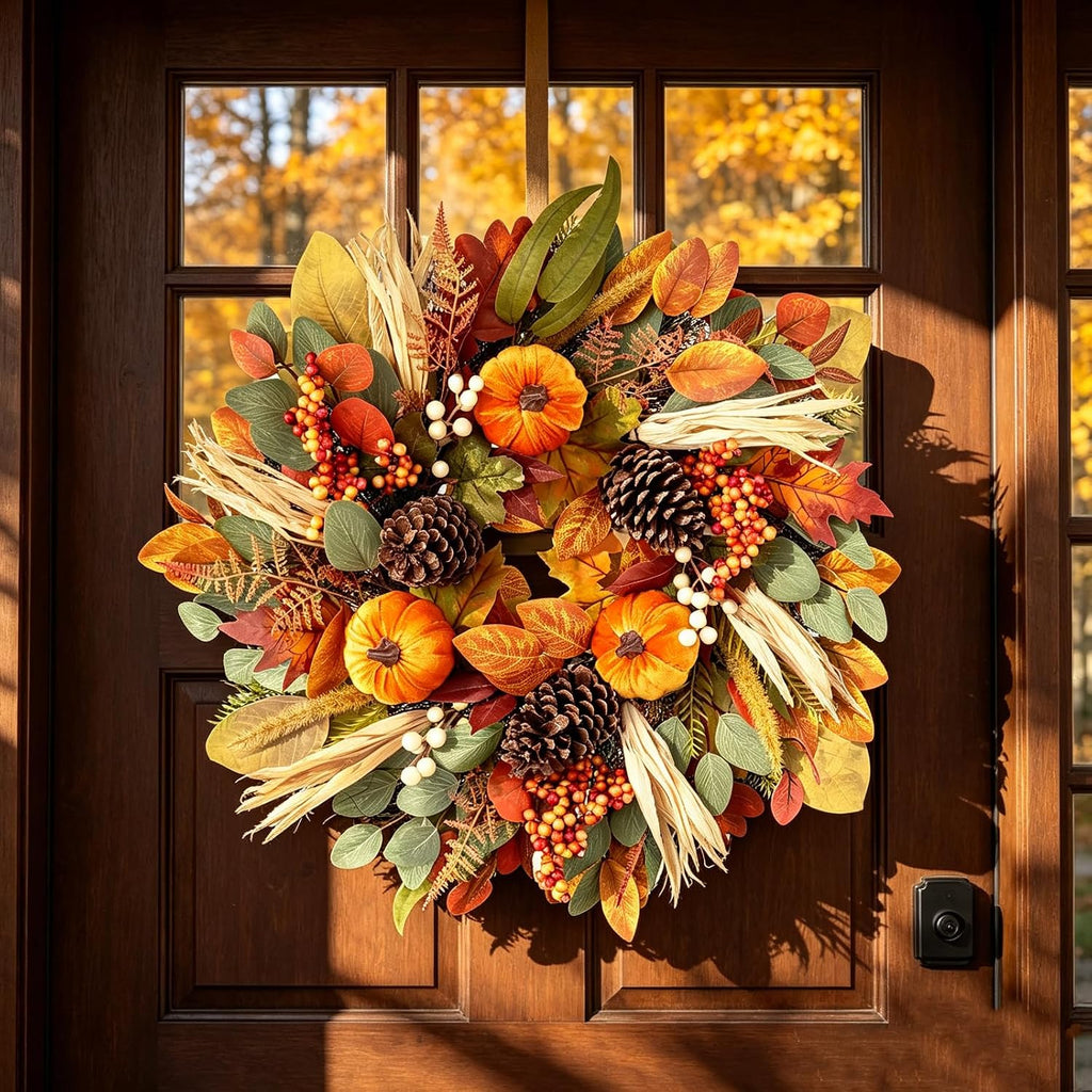 26 Inch Fall Wreaths for Front Door, Autumn Harvest Wreath, Large Autumn Wreath with Pumpkin, Pinecones and Berries, Fall Wreath for Thanksgiving & Harvest Fall Door Decor