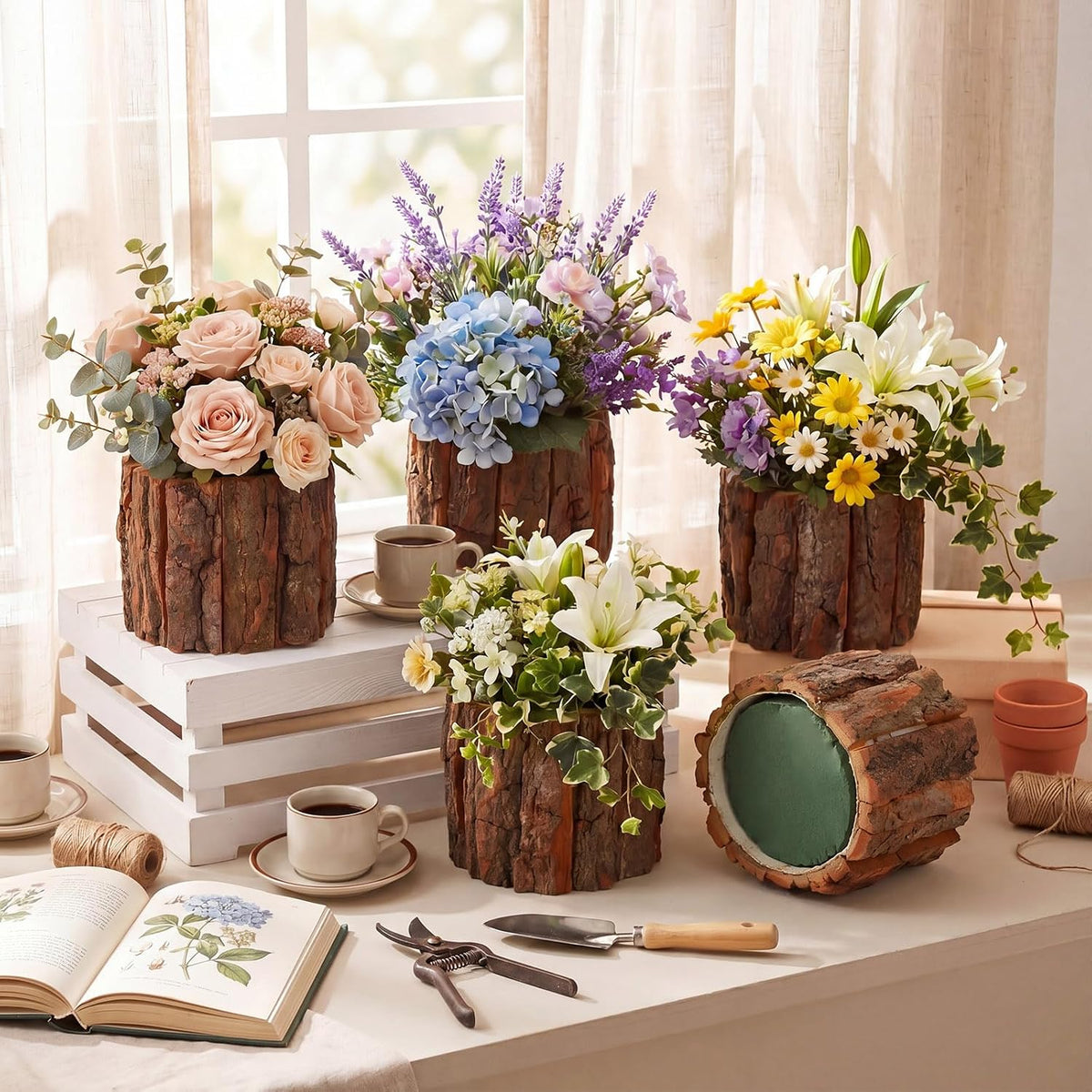 12 set wooden vases for centerpieces, flower foam showing dimensions