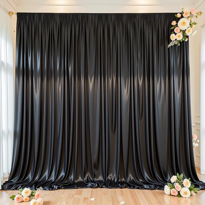 Black Glitter Backdrop Curtain for Parties Wedding,10Ft x 10Ft Satin Shimmer Photo Backdrop,Non-Wrinkle Sparkle Drapes for Backdrop,Back Drop for Photography, Birthdays,Weddings,Prom