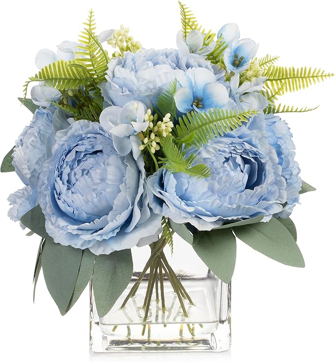ENOVA FLORAL Artificial Flower Arrangement with Vase,Mixed Artificial Silk Peony Flower in Vase for Decoration Home Office, Wedding Centerpiece (Blue)