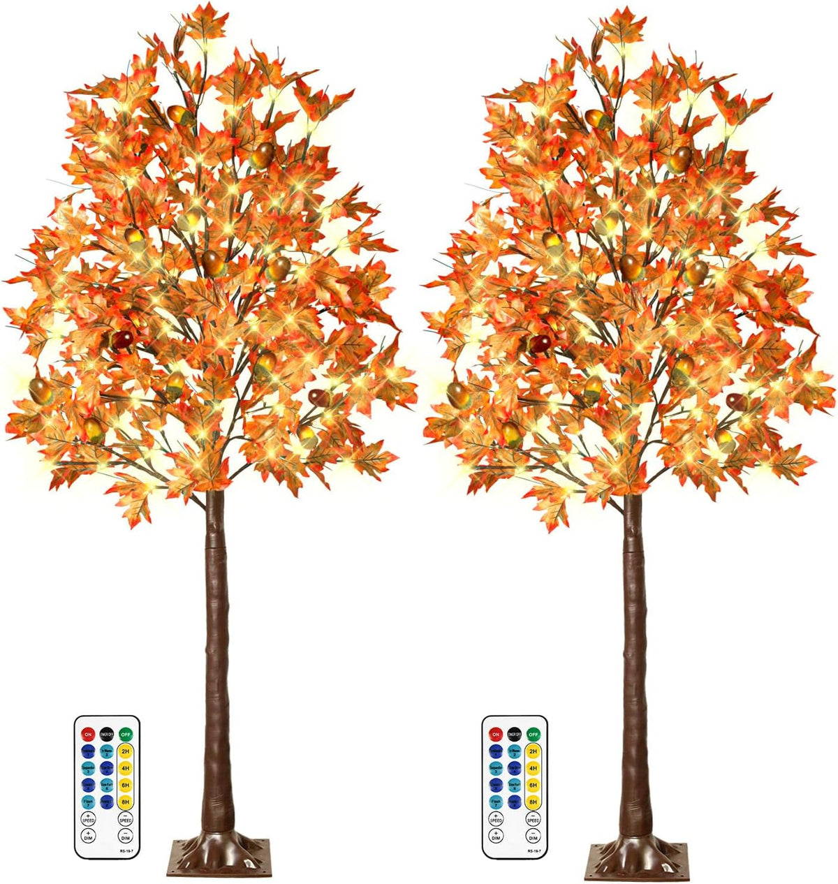2 Pack 6FT 130 LED Lighted Maple Tree - Thanksgiving Decor Artificial Fall Tree with 13 Branches, 13 Acorns 260 Leaves, Remote 8 Modes, Timing, DC 5V Safe for Outdoor Wedding Party Autumn Decor