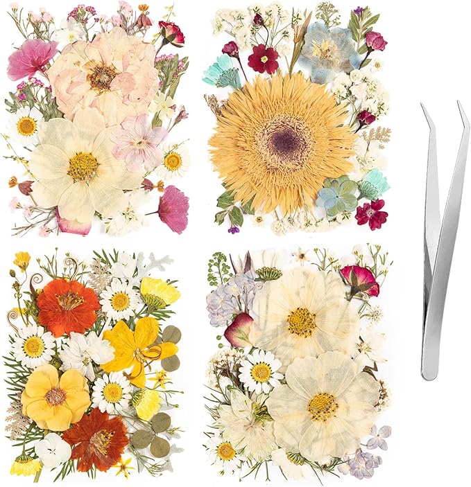 140pcs Dried Pressed Flowers Bulk, Natural Fall Pressed Dried Flowers with Tweezer for DIY Crafts Resin Mold Candles Cake Bridal Scrapbooking Supplies