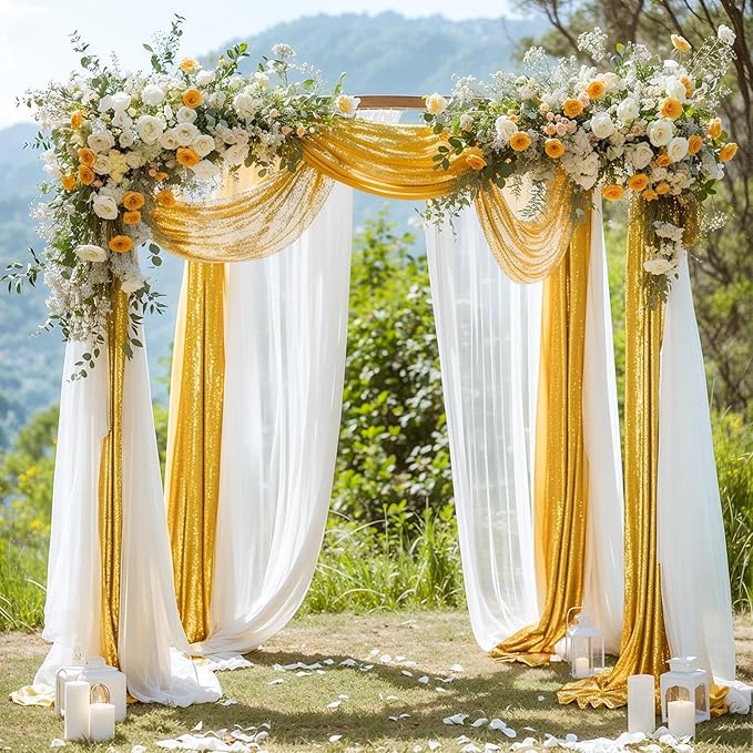 Wedding Arch Draping Fabric, 1 Panel 28" x19ft White Arch Drapes & 1 Panel 16" x19ft Gold Sequin Fabric Drapes Arbor Backdrop Curtain for Wedding Arch Ceremony Bridal Shower Reception