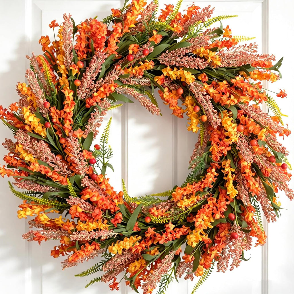 26 Inch Fall Orange Forsythia Flowers Wreath for Front Door