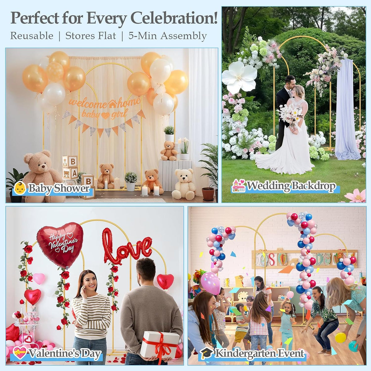 6FT,5FT,4FT Balloon Arch Stand Kit with Base Set of 3