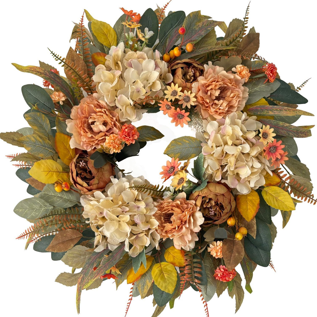 HipTree 24 Inch Fall Hydrangea Peony Wreath for Front Door