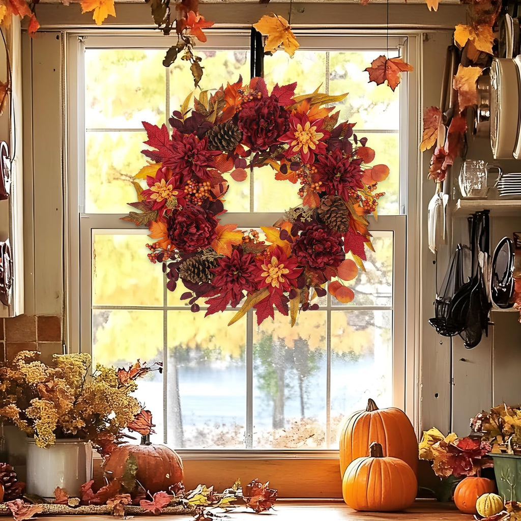 24" artificial fall floral wreath for front door, side view