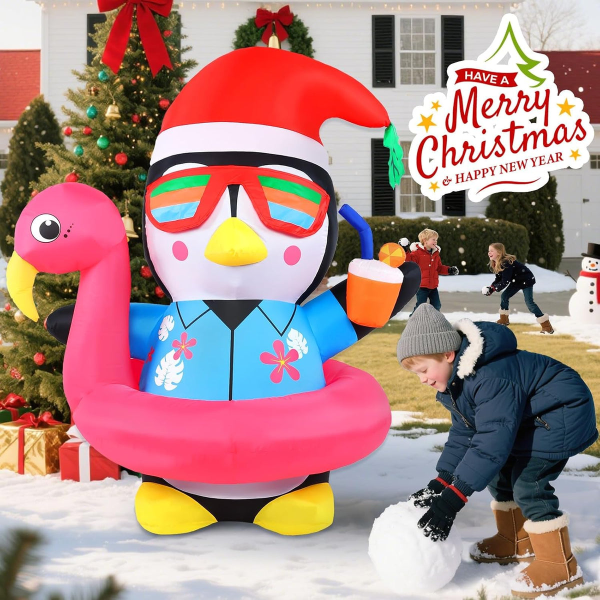 Christmas Inflatable Penguin Outdoor Yard Decoration 5FT Hawaiian Blow-ups