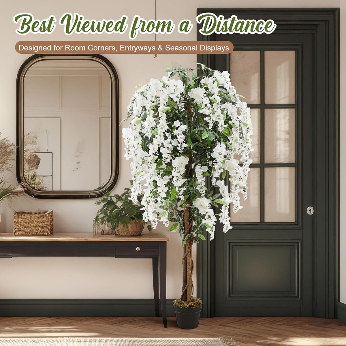 5ft artificial wisteria tree, tall faux flowering plant showing dimensions