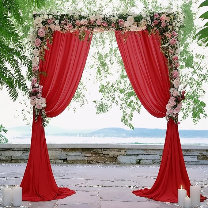 DUOBAO Red Chiffon Backdrop Curtain - 2 Panels 58x120-Inch, Elegant Wedding & Party Decor, 10FT Long Sheer Drapes for Living Room & Photography