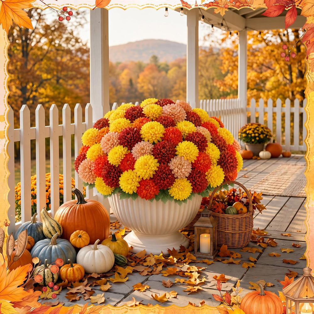 XunYee 12 Pcs Fall Artificial Flowers for Outdoor,Assorted Faux Mums
