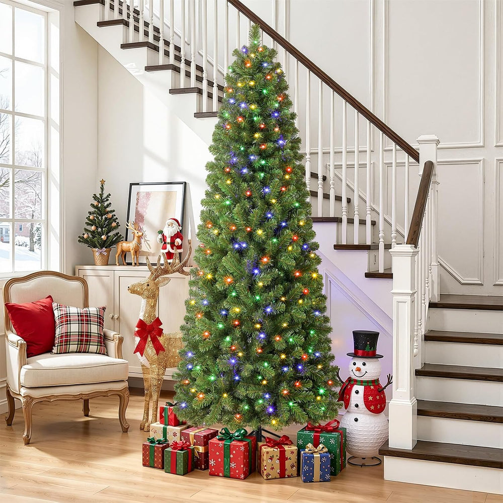 SHareconn 7.5ft Prelit Pencil Hinged Christmas Tree with Multi-Color Lights