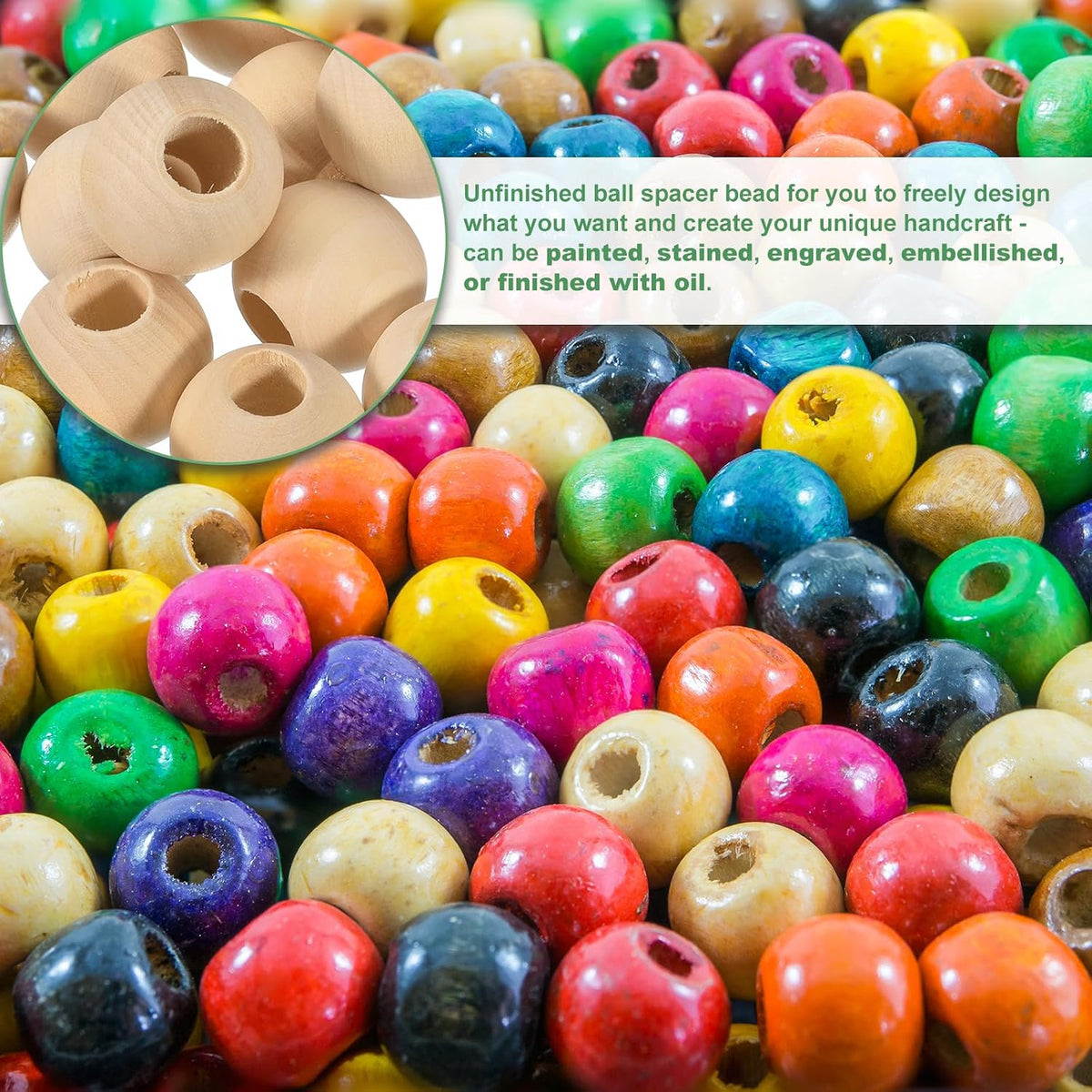 uxcell 100pcs 30mm natural wood spacer beads, 15mm, package contents