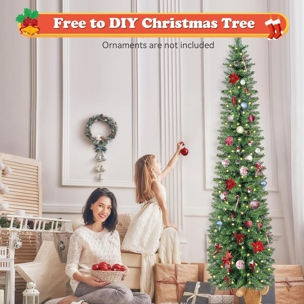 Green Pencil Artificial Christmas Tree Pre-Lit with Warm Lights, Slim Xmas Tr...